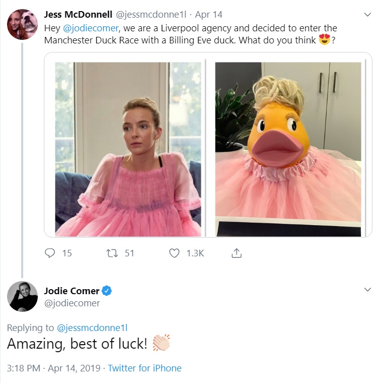 Billanelle gets a good luck message from Villanelle